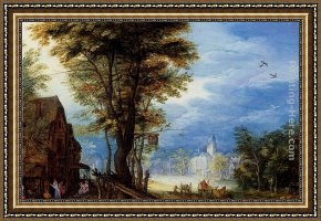 Village Street And Stairs with Figures Framed Paintings - A Village Street With The Holy Family Arriving At An Inn [detail 1] by Jan the elder Brueghel